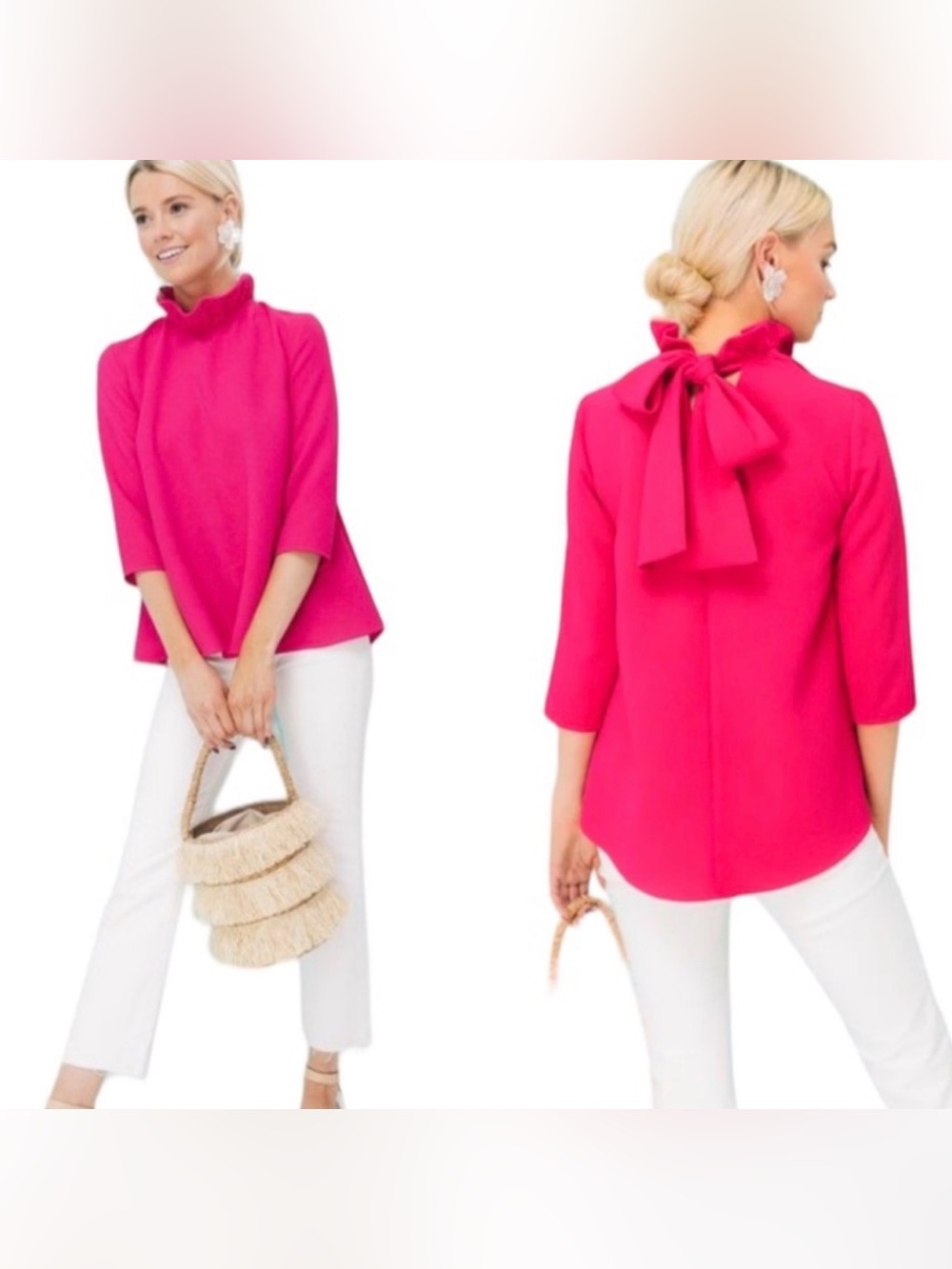 Pomander Place Fuchsia Ruffle-Neck Tie-Back Blouse